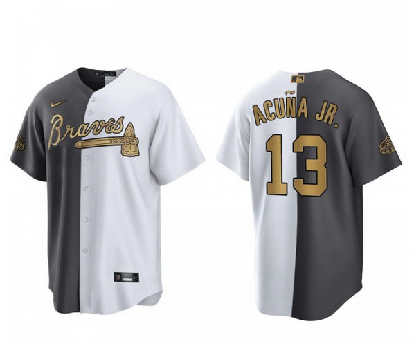 Men's Atlanta Braves #13 Ronald Acuna Jr. 2022 All-Star White Gray Two Tone Split Cool Base Stitched Baseball Jersey Men's Atlanta Braves #13 Ronald Acuna Jr. 2022 All-Star White Gray Two Tone Split Cool Base Stitched Baseball Jersey